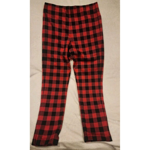DKNY Red Plaid Checkered Stretch Casual Legging Pants Size M - Picture 1 of 6